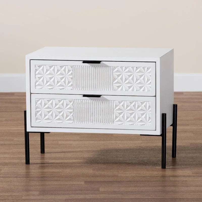 Meuble de rangement double tiroir en bois finition blanc vieilli et métal noir