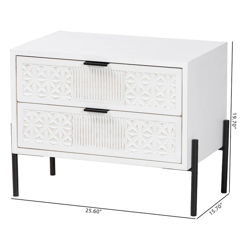 Meuble de rangement double tiroir en bois finition blanc vieilli et métal noir
