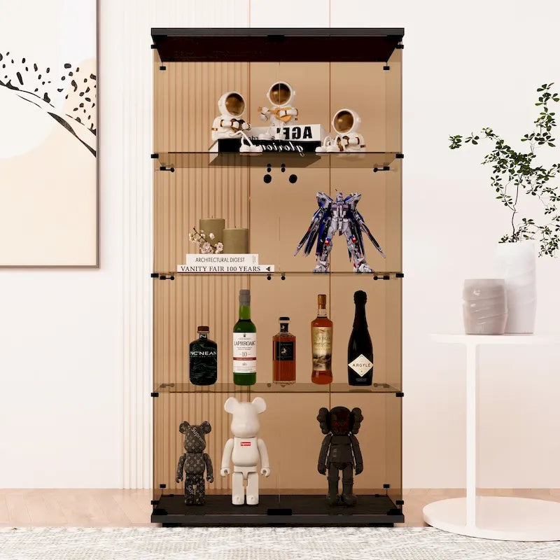 Vitrine en verre à deux portes, 4 étagères avec porte, bibliothèque vitrine sur pied, 64,7 x 31,7 x 14,3, noir