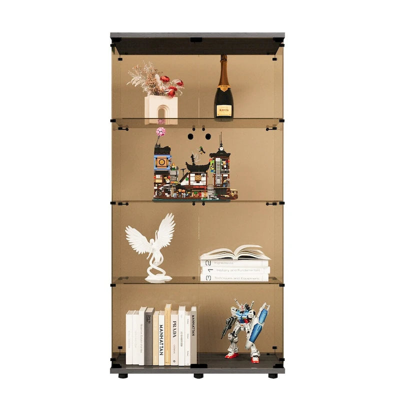 Vitrine en verre à deux portes, 4 étagères avec porte, bibliothèque vitrine sur pied, 64,7 x 31,7 x 14,3, noir
