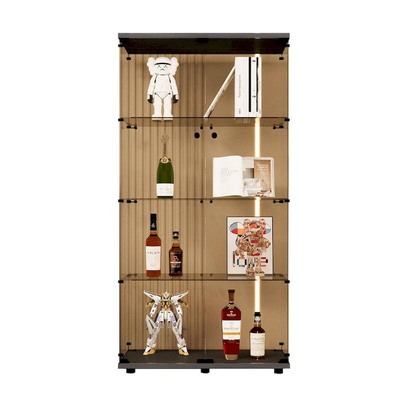 Vitrine en verre à deux portes, 4 étagères avec porte, bibliothèque vitrine sur pied, 64,7 x 31,7 x 14,3, noir