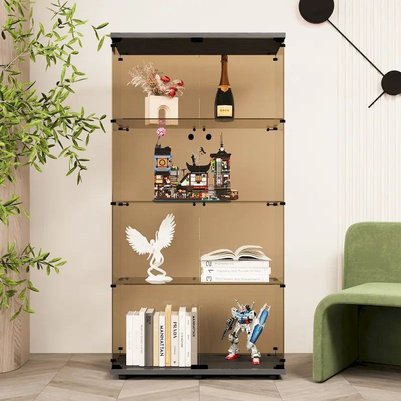 Vitrine en verre à deux portes, 4 étagères avec porte, bibliothèque vitrine sur pied, 64,7 x 31,7 x 14,3, noir