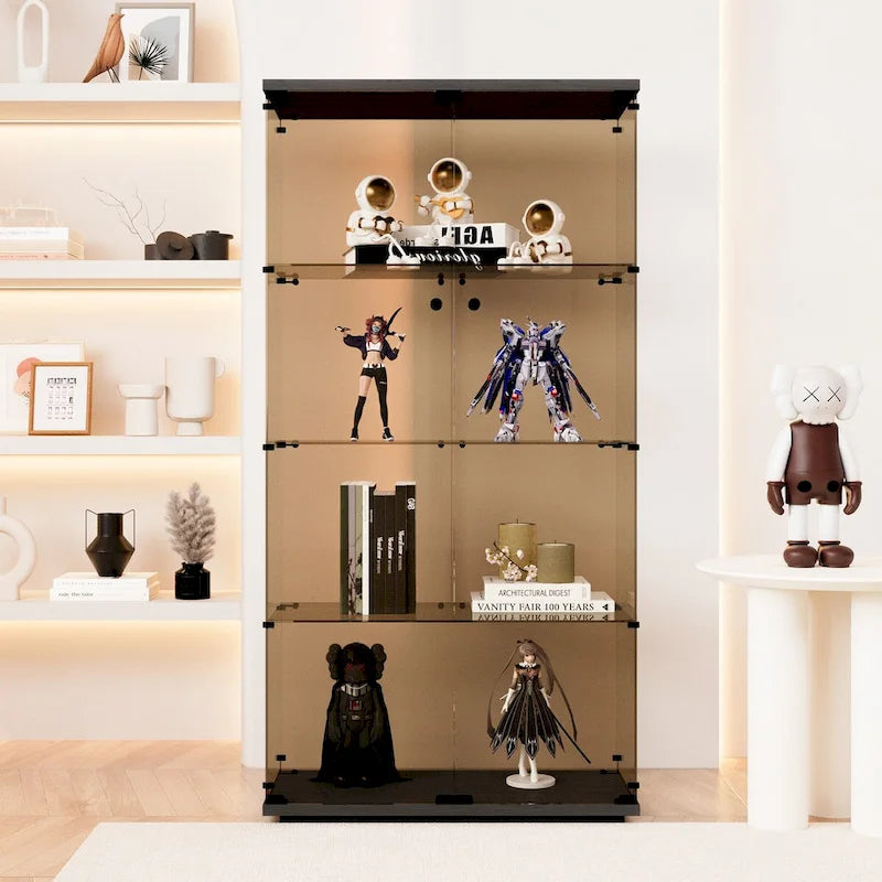Vitrine en verre à deux portes, 4 étagères avec porte, bibliothèque vitrine sur pied, 64,7 x 31,7 x 14,3, noir