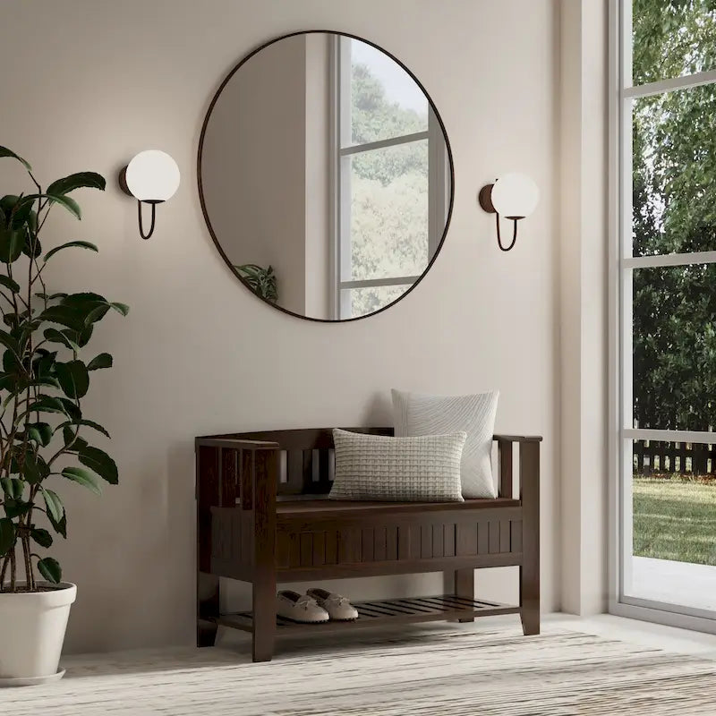 Banc de rangement d'entrée de style transitionnel en BOIS MASSIF de Normandie de 122 cm de large en brun brunette - 17 P x 48 L x 27,2 H