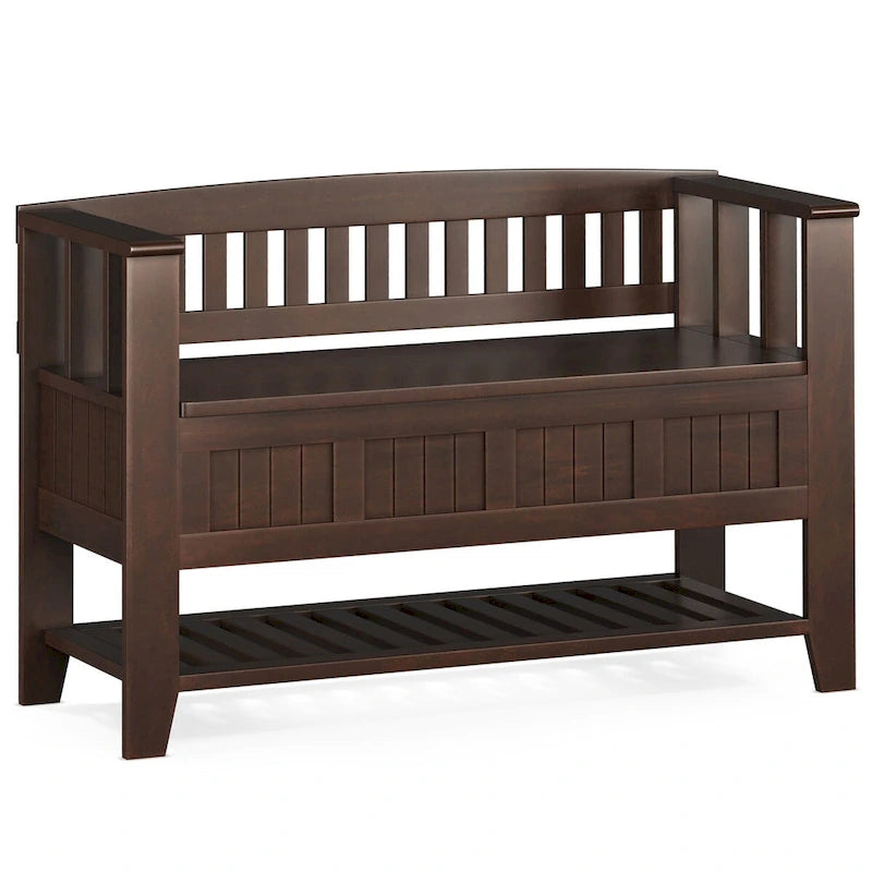 Banc de rangement d'entrée de style transitionnel en BOIS MASSIF de Normandie de 122 cm de large en brun brunette - 17 P x 48 L x 27,2 H