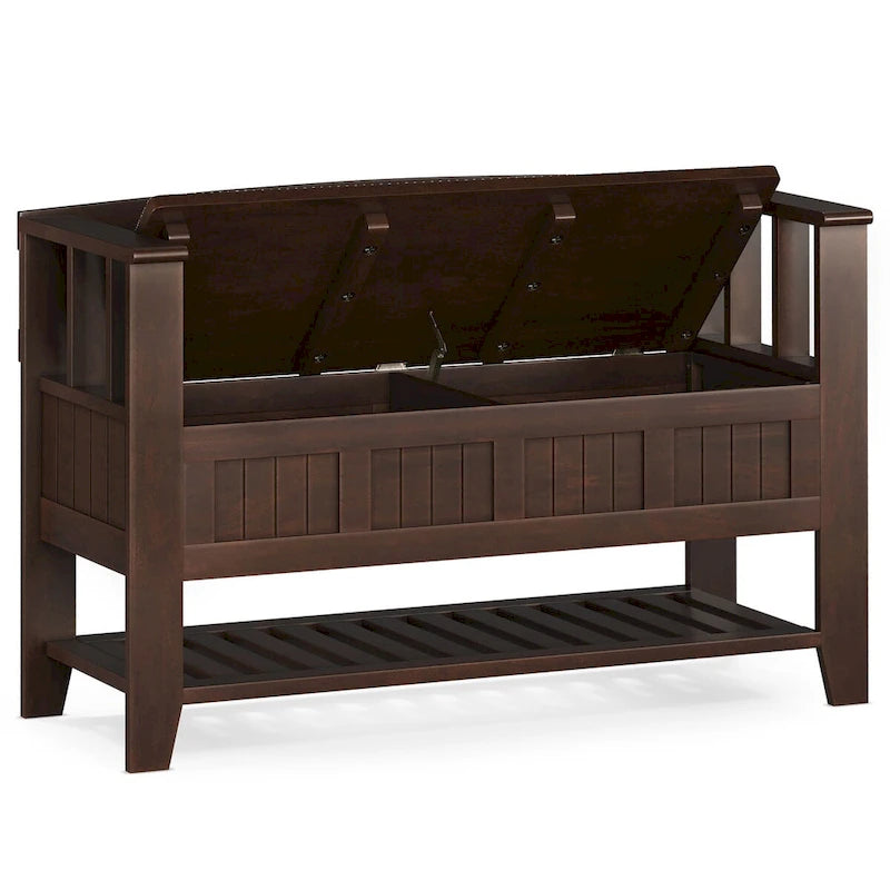 Banc de rangement d'entrée de style transitionnel en BOIS MASSIF de Normandie de 122 cm de large en brun brunette - 17 P x 48 L x 27,2 H