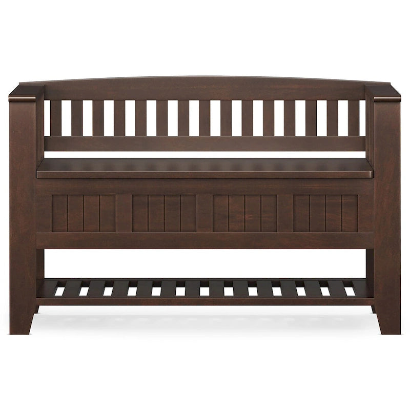 Banc de rangement d'entrée de style transitionnel en BOIS MASSIF de Normandie de 122 cm de large en brun brunette - 17 P x 48 L x 27,2 H