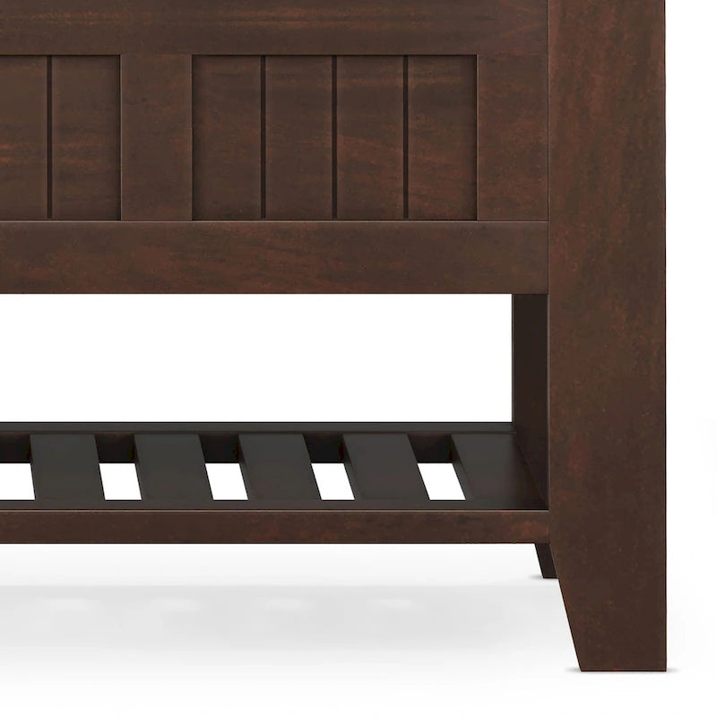 Banc de rangement d'entrée de style transitionnel en BOIS MASSIF de Normandie de 122 cm de large en brun brunette - 17 P x 48 L x 27,2 H