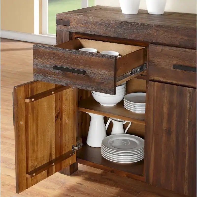 Buffet en bois d'acacia massif trois tiroirs, trois portes, couleur brique