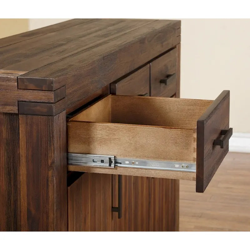 Buffet en bois d'acacia massif trois tiroirs, trois portes, couleur brique