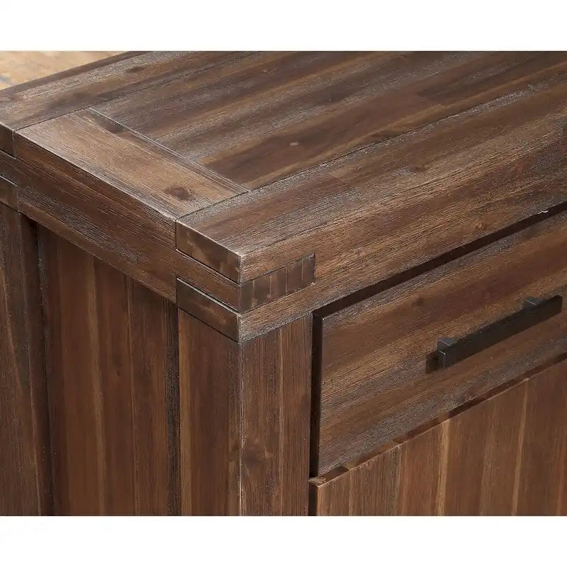 Buffet en bois d'acacia massif trois tiroirs, trois portes, couleur brique