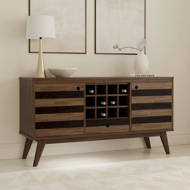 BUFFET DE SALLE À MANGER RECTANGULAIRE EN BOIS D'ACACIA MASSIF, STYLE MI-SIÈCLE, 152 CM DE LARGE, AVEC RANGEMENT POUR VIN, FINITION BRUN VIEILLI NATUREL RUSTIQUE
