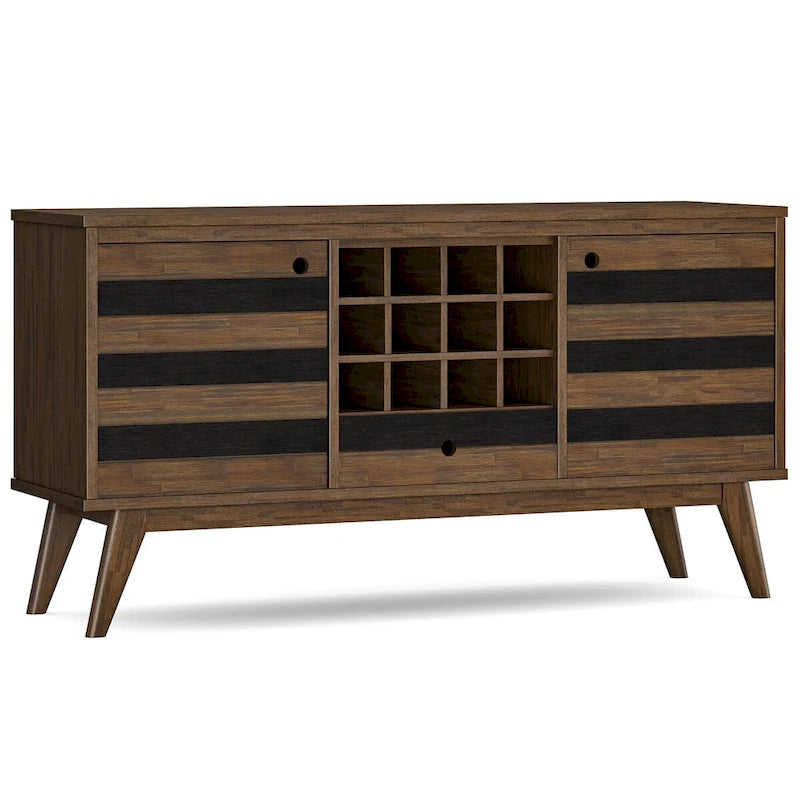 BUFFET DE SALLE À MANGER RECTANGULAIRE EN BOIS D'ACACIA MASSIF, STYLE MI-SIÈCLE, 152 CM DE LARGE, AVEC RANGEMENT POUR VIN, FINITION BRUN VIEILLI NATUREL RUSTIQUE