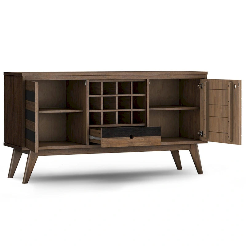 BUFFET DE SALLE À MANGER RECTANGULAIRE EN BOIS D'ACACIA MASSIF, STYLE MI-SIÈCLE, 152 CM DE LARGE, AVEC RANGEMENT POUR VIN, FINITION BRUN VIEILLI NATUREL RUSTIQUE