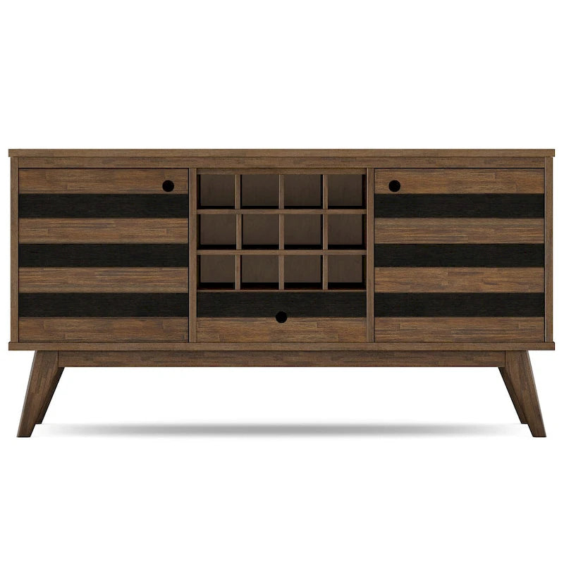 BUFFET DE SALLE À MANGER RECTANGULAIRE EN BOIS D'ACACIA MASSIF, STYLE MI-SIÈCLE, 152 CM DE LARGE, AVEC RANGEMENT POUR VIN, FINITION BRUN VIEILLI NATUREL RUSTIQUE