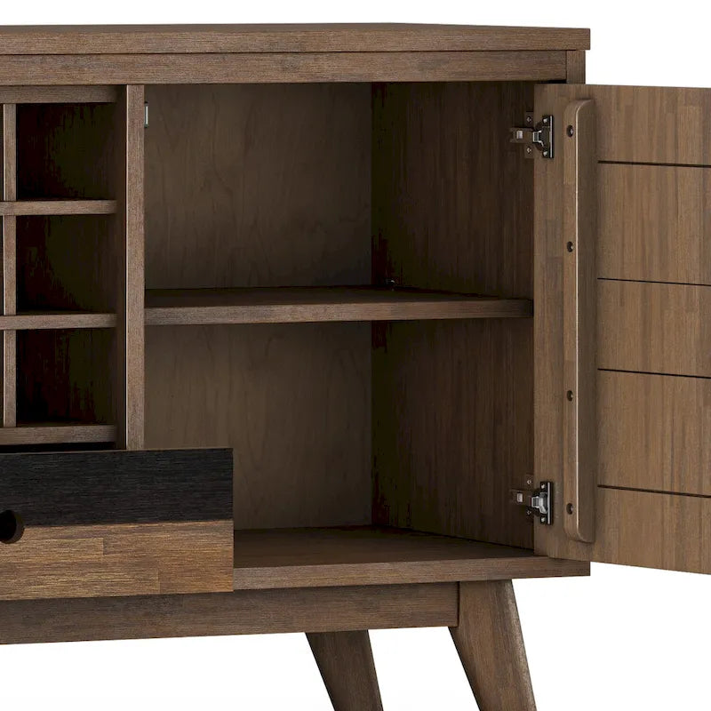BUFFET DE SALLE À MANGER RECTANGULAIRE EN BOIS D'ACACIA MASSIF, STYLE MI-SIÈCLE, 152 CM DE LARGE, AVEC RANGEMENT POUR VIN, FINITION BRUN VIEILLI NATUREL RUSTIQUE