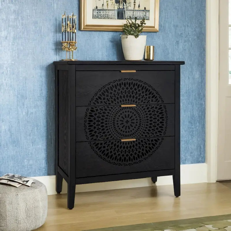 Commode à 3 tiroirs ajourés avec poignées métalliques pour entrée, salon, chambre à coucher