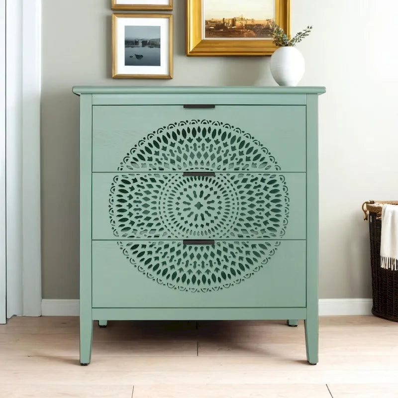 Commode à 3 tiroirs ajourés avec poignées métalliques pour entrée, salon, chambre à coucher