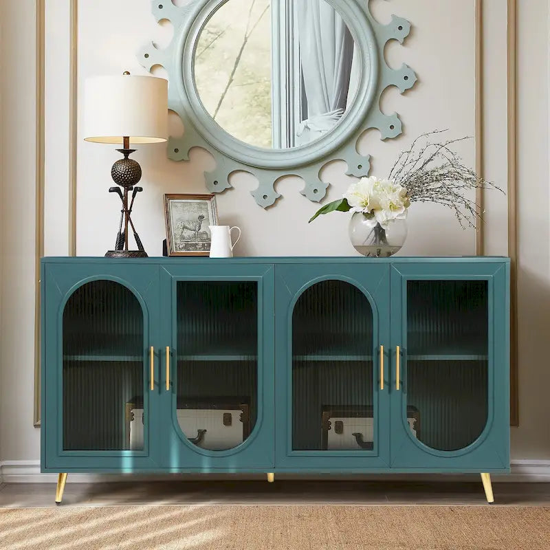 Meuble TV en bois de 60 pouces avec armoire de rangement et porte en verre