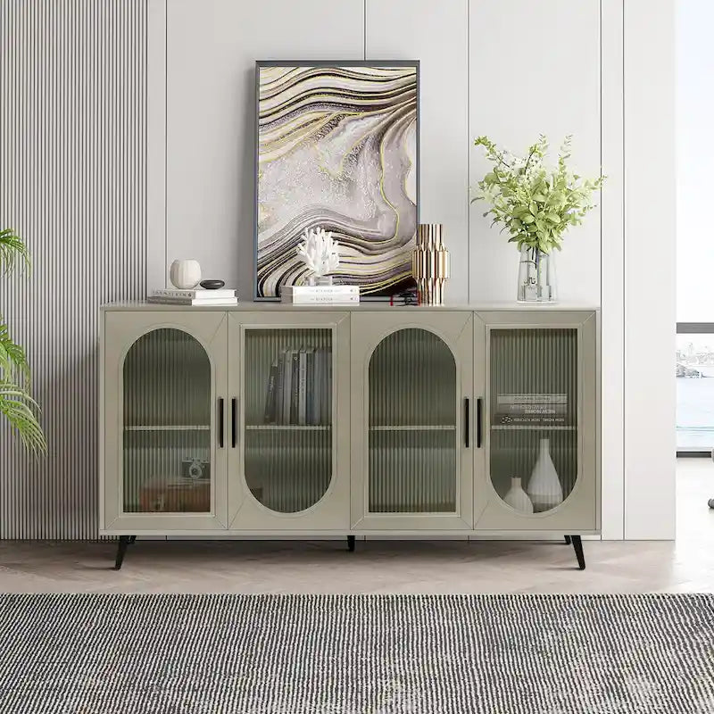 Meuble TV en bois de 60 pouces avec armoire de rangement et porte en verre