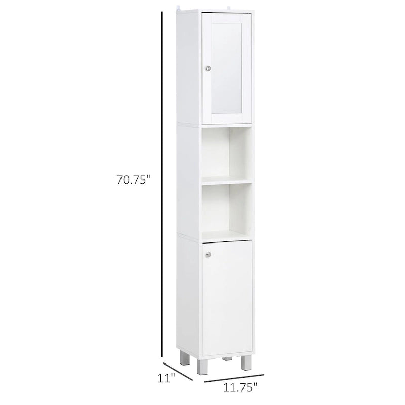 Armoire de salle de bain haute avec miroir, Meuble colonne en bois sur pied avec étagères réglables
