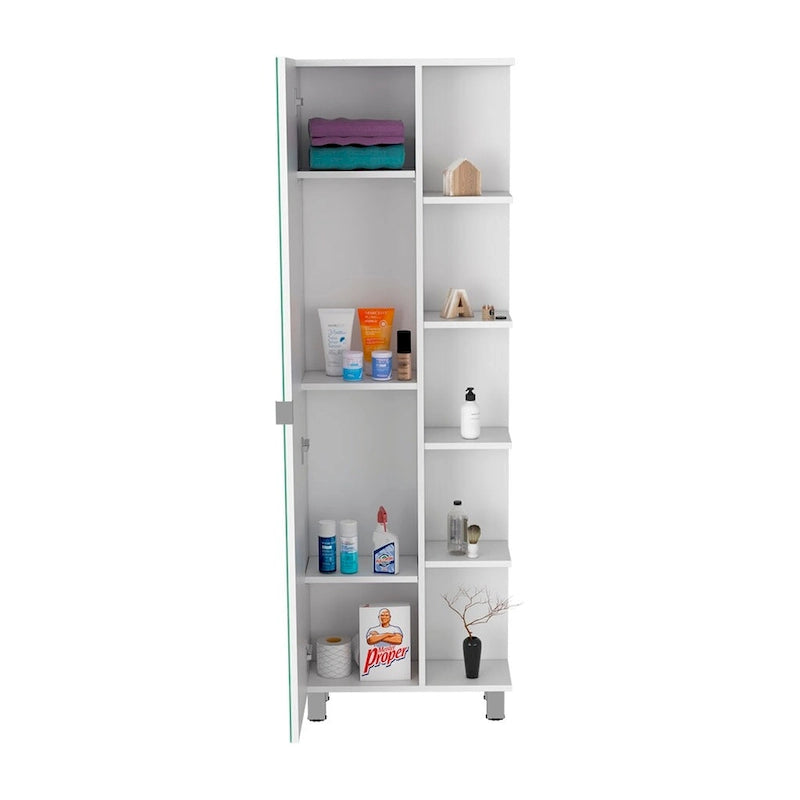 Meuble de salle de bain avec miroir, quatre étagères intérieures, cinq étagères extérieures - Blanc