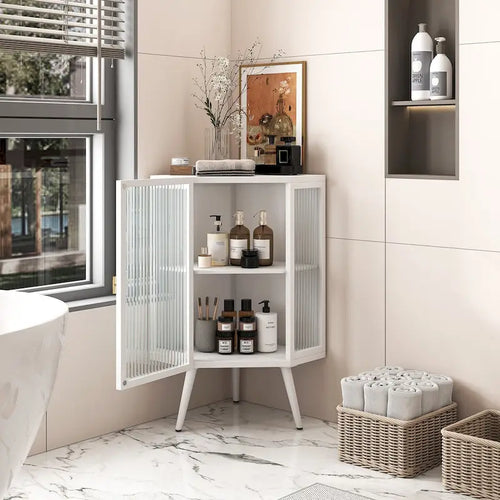 Meuble d'angle de 22,25 pouces avec porte en verre trempé et étagères de rangement pour salle de bain, salon, chambre (blanc)