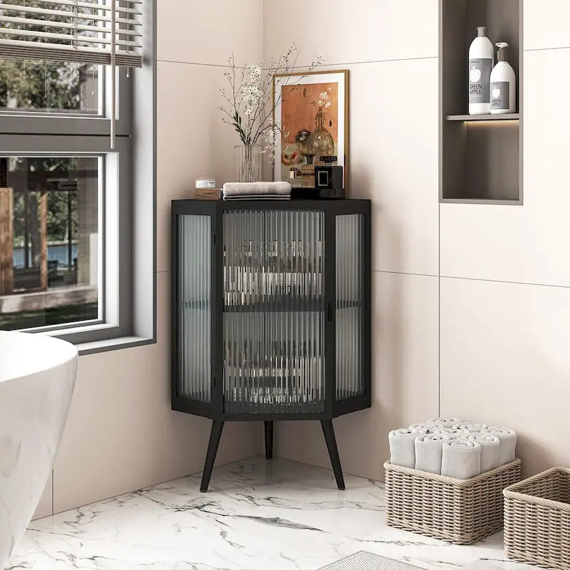 Meuble d'angle de 22,25 pouces avec porte en verre trempé et étagères de rangement pour salle de bain, salon, chambre (blanc)