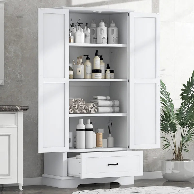 Armoire de rangement de salle de bain haute avec deux portes et un tiroir Étagère réglable Panneau MDF Blanc